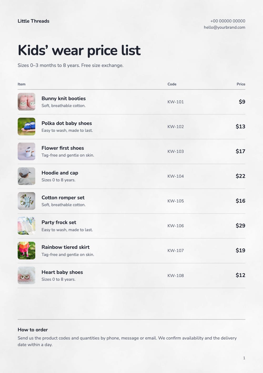 Cover of the Size Guide kids’ wear price list template