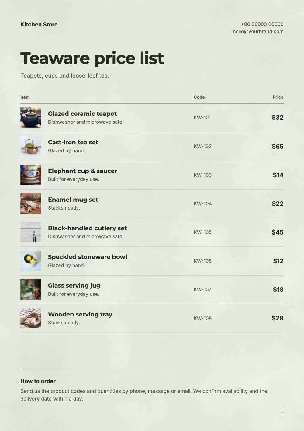 Cover of the Tea Shop kitchen & dining price list template