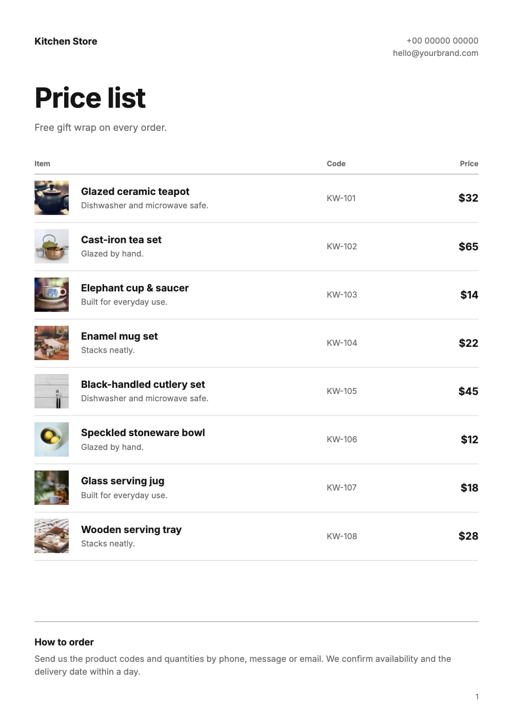 Cover of the Plain Price List kitchen & dining price list template
