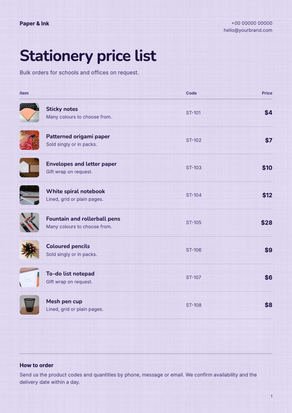 Cover of the Lilac Notes stationery & office price list template