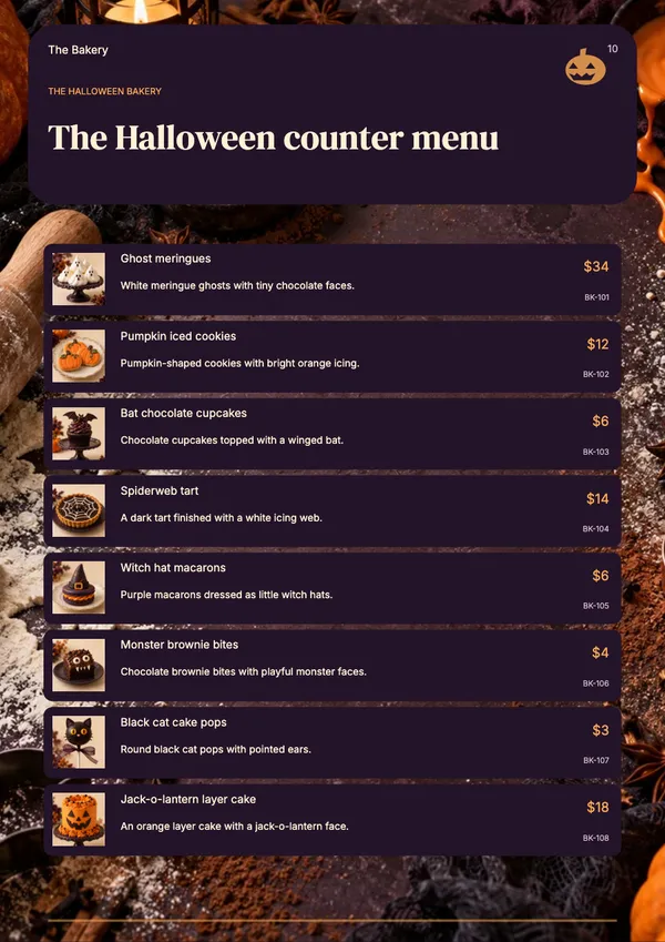 Page 10 of the Midnight Bakes bakery & cafe catalogue template: shopping list