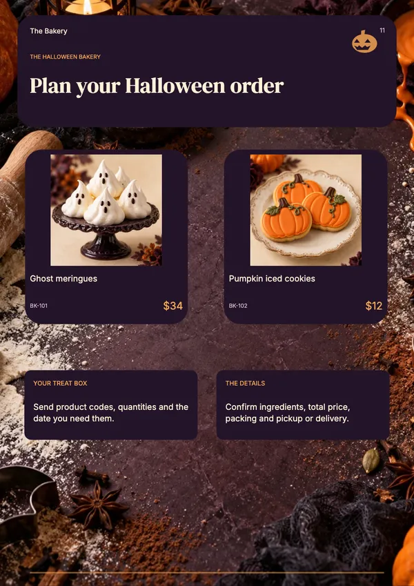 Page 11 of the Midnight Bakes bakery & cafe catalogue template: how to order