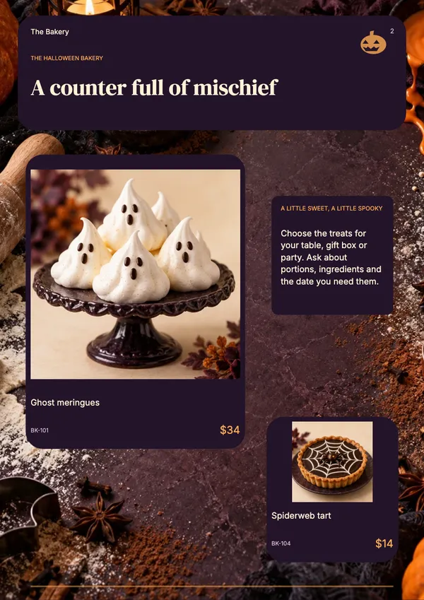 Page 2 of the Midnight Bakes bakery & cafe catalogue template: introduction