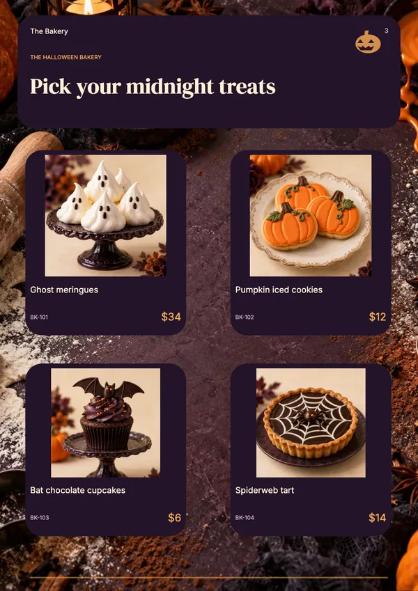 Page 3 of the Midnight Bakes bakery & cafe catalogue template: midnight bakes collection display