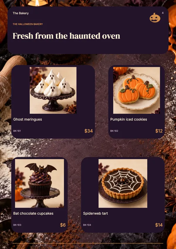 Page 4 of the Midnight Bakes bakery & cafe catalogue template: four products