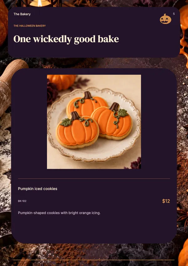 Page 5 of the Midnight Bakes bakery & cafe catalogue template: product feature