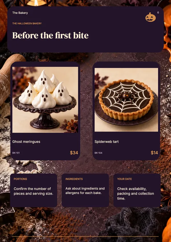 Page 6 of the Midnight Bakes bakery & cafe catalogue template: details page