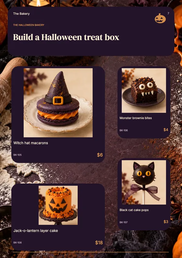 Page 7 of the Midnight Bakes bakery & cafe catalogue template: products in mixed sizes