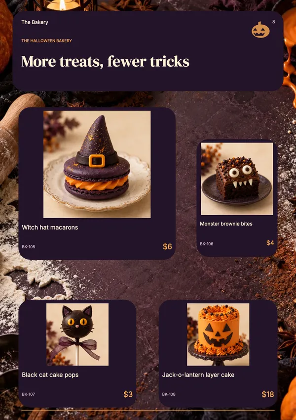 Page 8 of the Midnight Bakes bakery & cafe catalogue template: midnight bakes products over halloween artwork