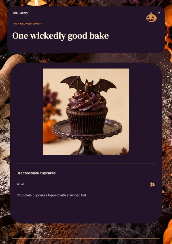 Page 9 of the Midnight Bakes bakery & cafe catalogue template: product feature