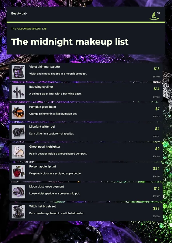 Page 10 of the Witching Hour beauty & skincare catalogue template: shopping list