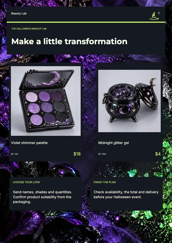 Page 11 of the Witching Hour beauty & skincare catalogue template: how to order