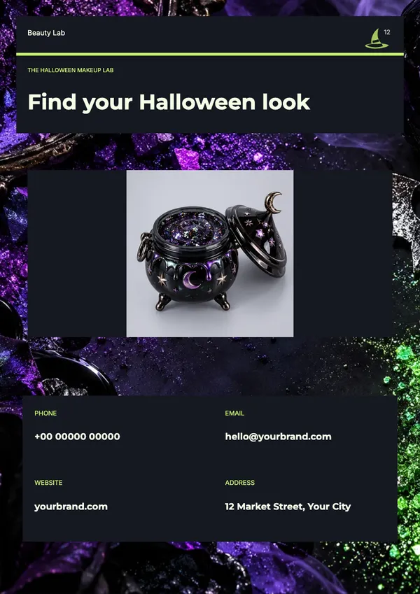Page 12 of the Witching Hour beauty & skincare catalogue template: back page