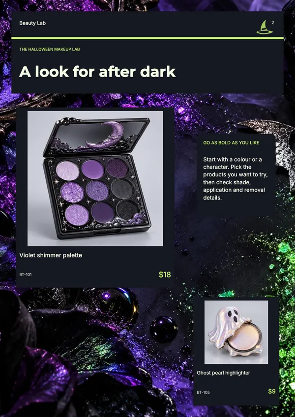Page 2 of the Witching Hour beauty & skincare catalogue template: introduction