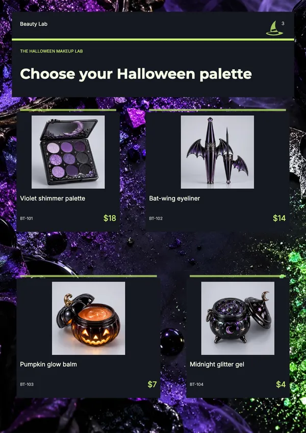 Page 3 of the Witching Hour beauty & skincare catalogue template: witching hour collection display