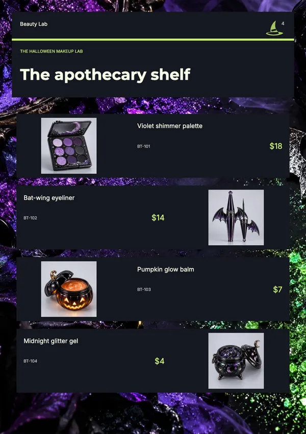 Page 4 of the Witching Hour beauty & skincare catalogue template: four products