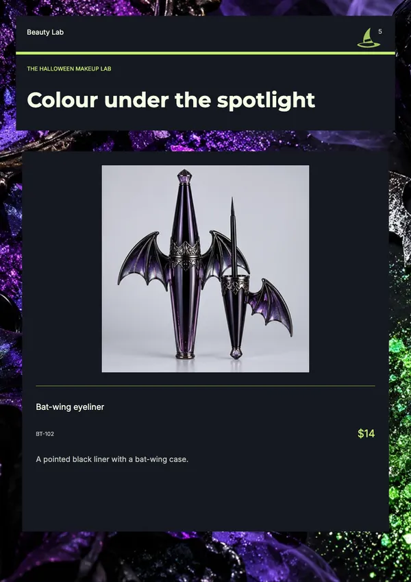 Page 5 of the Witching Hour beauty & skincare catalogue template: product feature