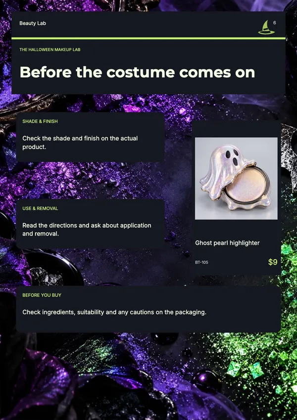 Page 6 of the Witching Hour beauty & skincare catalogue template: details page