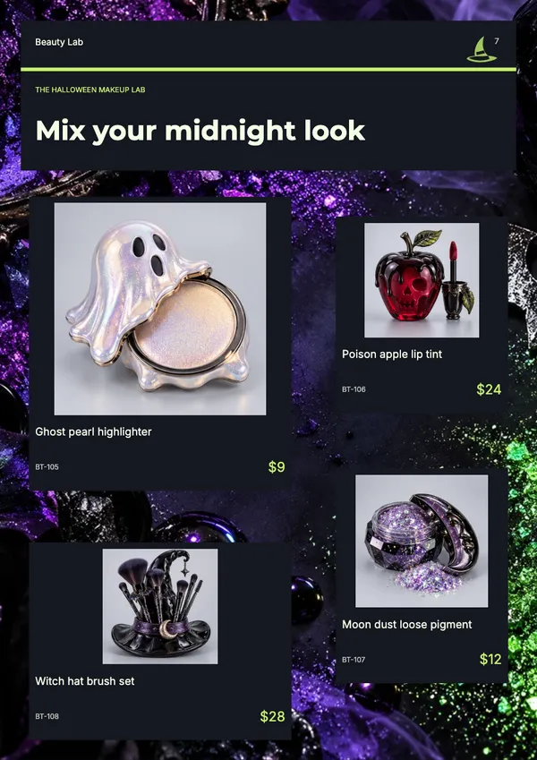 Page 7 of the Witching Hour beauty & skincare catalogue template: products in mixed sizes