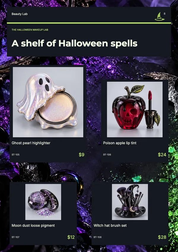 Page 8 of the Witching Hour beauty & skincare catalogue template: witching hour products over halloween artwork