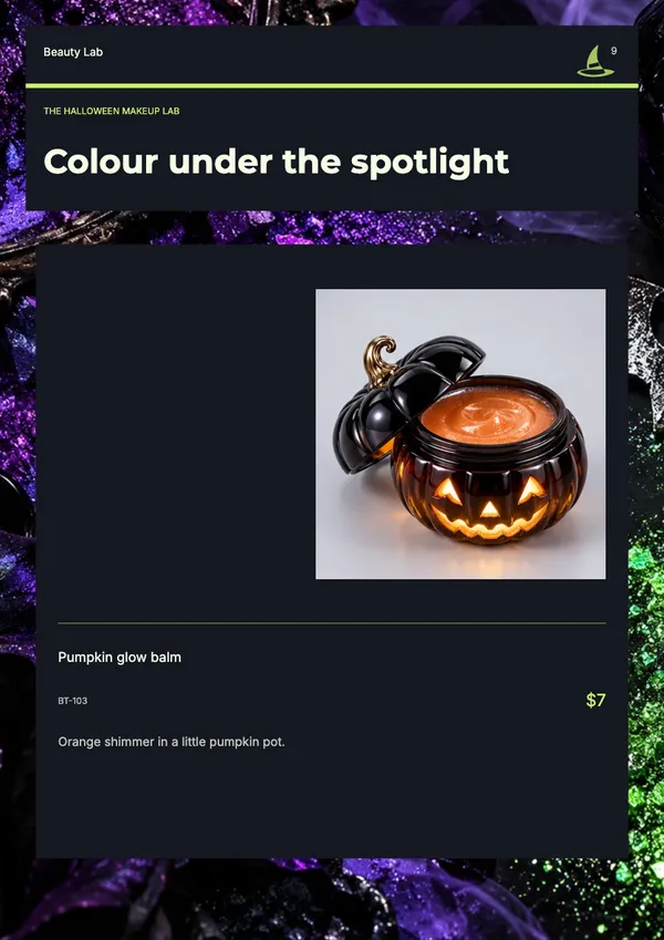 Page 9 of the Witching Hour beauty & skincare catalogue template: product feature