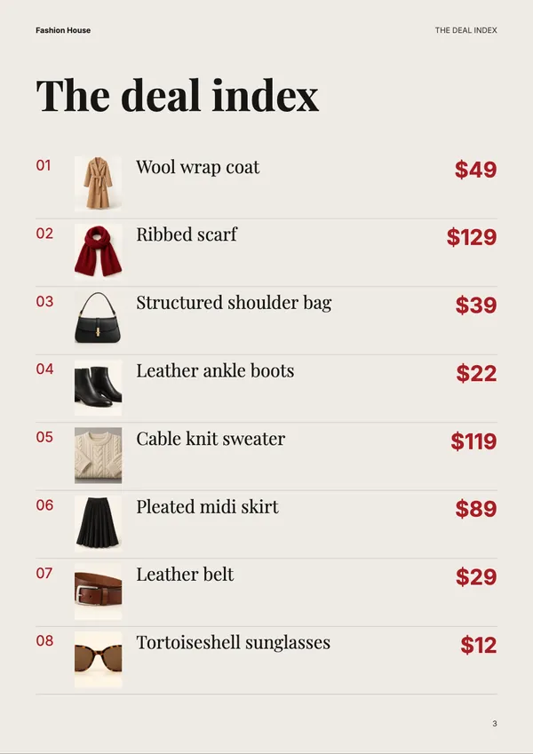 Page 3 of the Friday Issue fashion & accessories catalogue template: deal index