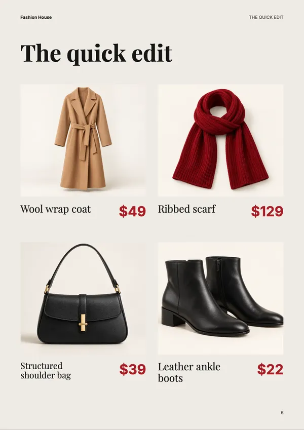 Page 6 of the Friday Issue fashion & accessories catalogue template: four-product edit