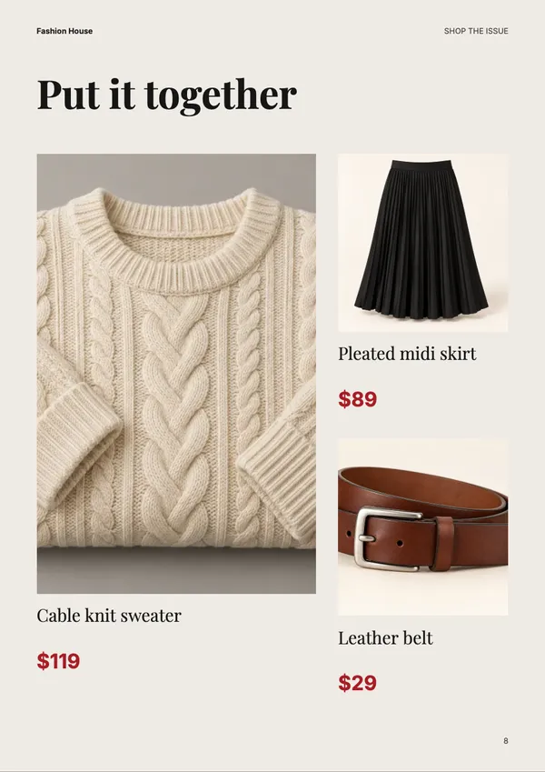 Page 8 of the Friday Issue fashion & accessories catalogue template: shop the look