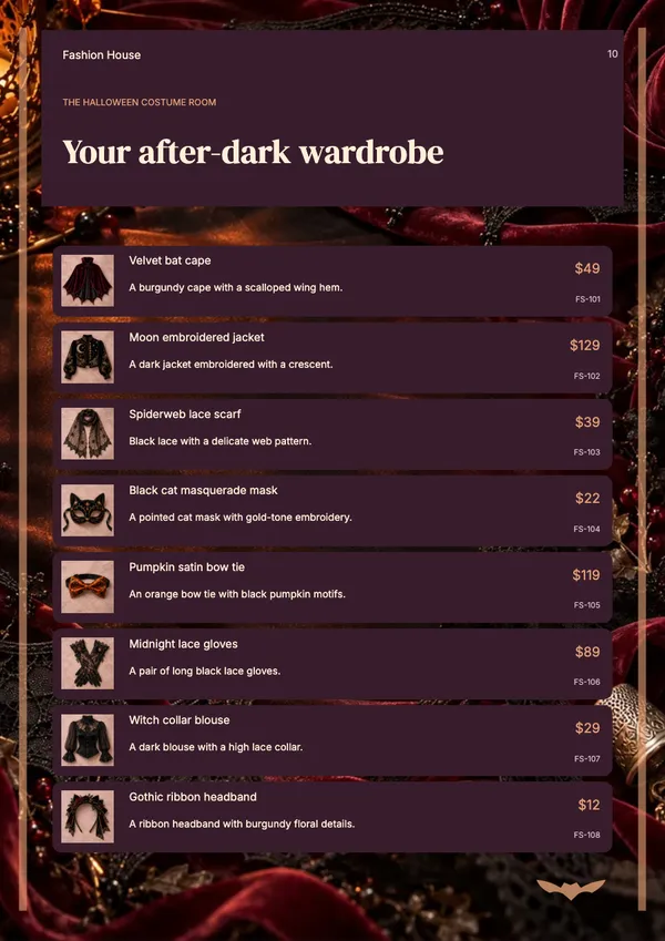 Page 10 of the Velvet Afterdark fashion & accessories catalogue template: shopping list