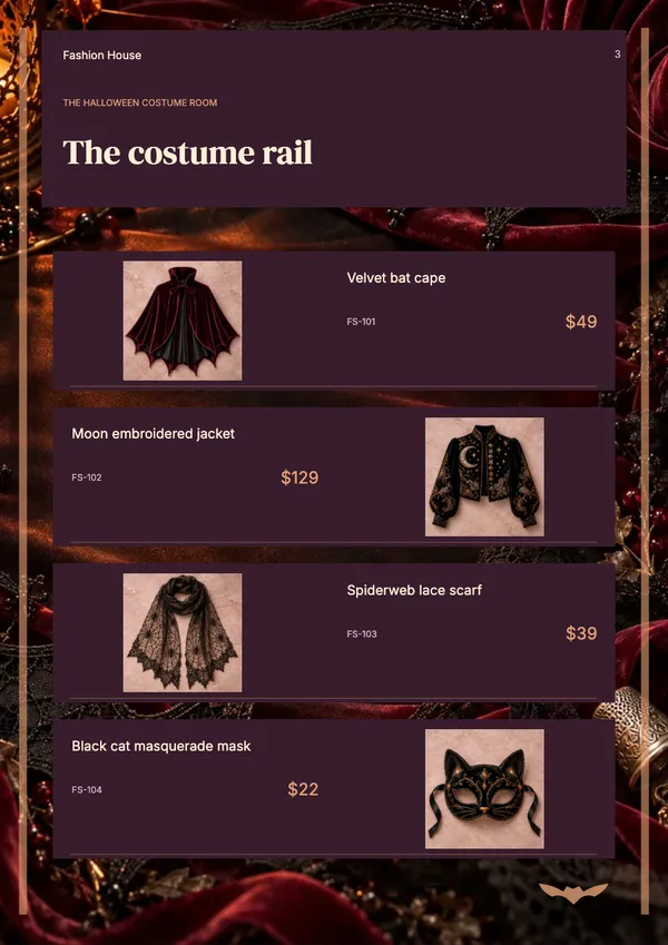 Page 3 of the Velvet Afterdark fashion & accessories catalogue template: four products
