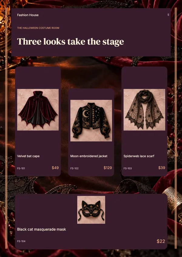 Page 5 of the Velvet Afterdark fashion & accessories catalogue template: velvet afterdark collection display