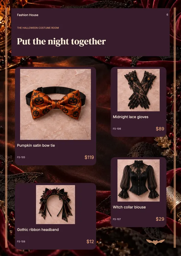 Page 6 of the Velvet Afterdark fashion & accessories catalogue template: products in mixed sizes