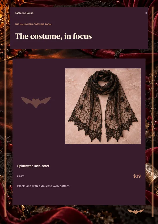 Page 8 of the Velvet Afterdark fashion & accessories catalogue template: product feature