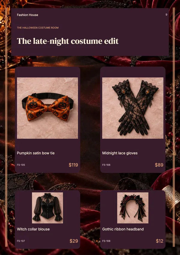 Page 9 of the Velvet Afterdark fashion & accessories catalogue template: velvet afterdark products over halloween artwork