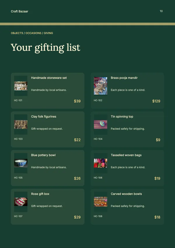 Page 10 of the The Gift Edit handicrafts & gifts catalogue template: shopping list