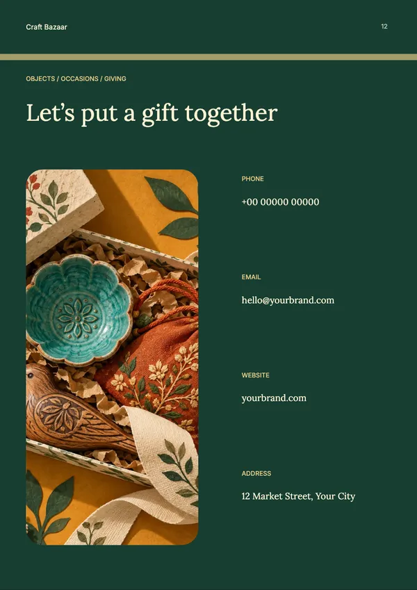 Page 12 of the The Gift Edit handicrafts & gifts catalogue template: back page