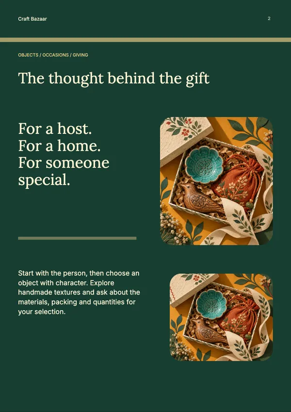 Page 2 of the The Gift Edit handicrafts & gifts catalogue template: introduction