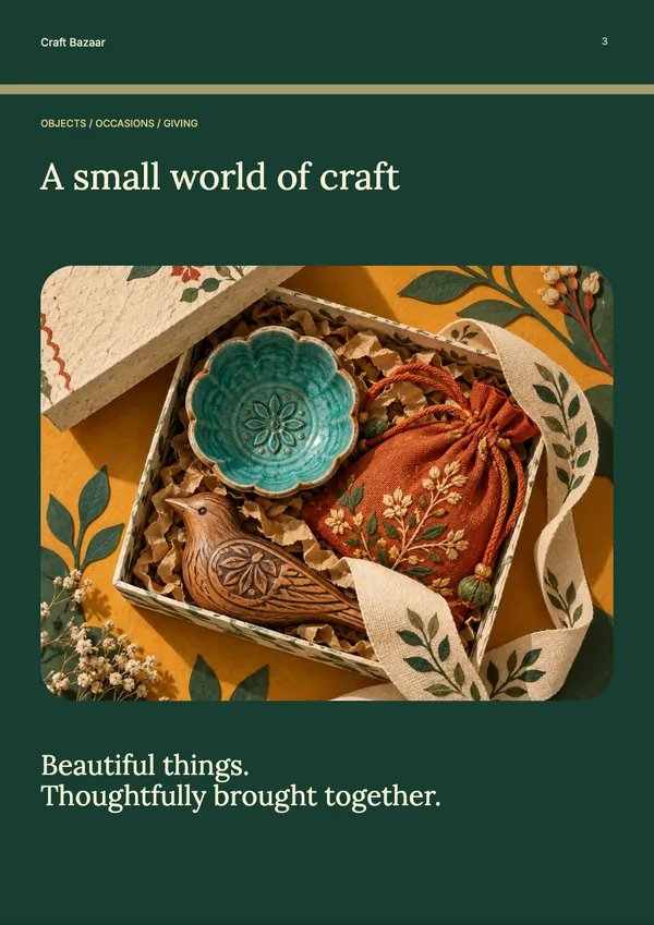 Page 3 of the The Gift Edit handicrafts & gifts catalogue template: artwork page