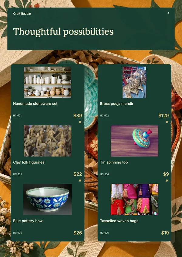 Page 4 of the The Gift Edit handicrafts & gifts catalogue template: six gift tags over parcel artwork