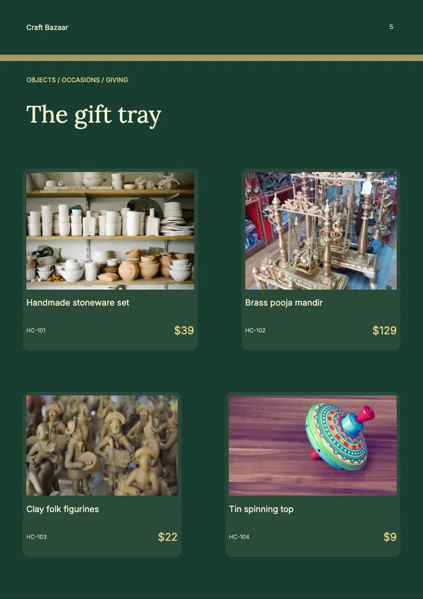 Page 5 of the The Gift Edit handicrafts & gifts catalogue template: four products
