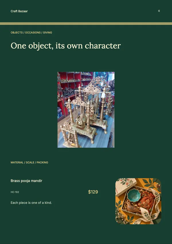 Page 6 of the The Gift Edit handicrafts & gifts catalogue template: product feature