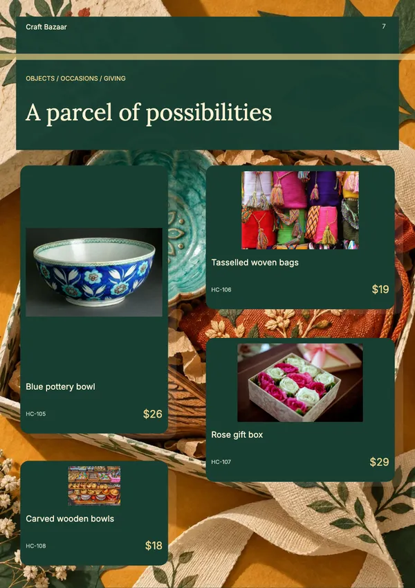 Page 7 of the The Gift Edit handicrafts & gifts catalogue template: products in mixed sizes