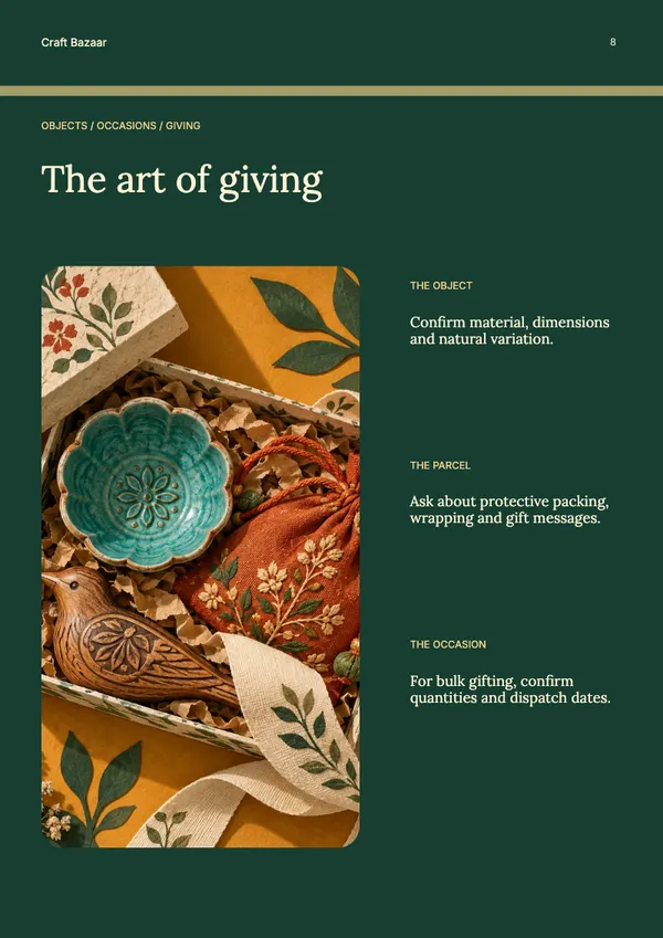 Page 8 of the The Gift Edit handicrafts & gifts catalogue template: details page