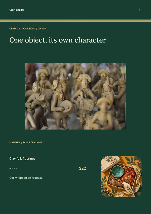 Page 9 of the The Gift Edit handicrafts & gifts catalogue template: product feature