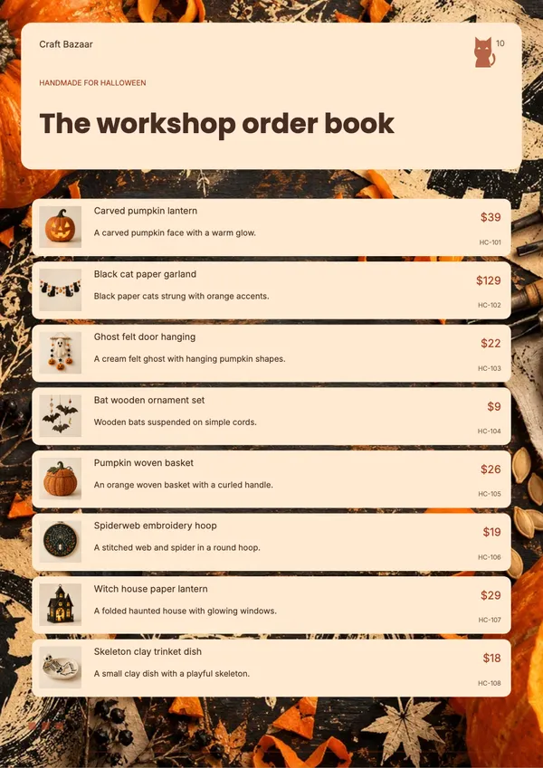 Page 10 of the Pumpkin Atelier handicrafts & gifts catalogue template: shopping list