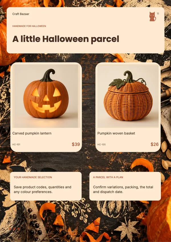 Page 11 of the Pumpkin Atelier handicrafts & gifts catalogue template: how to order