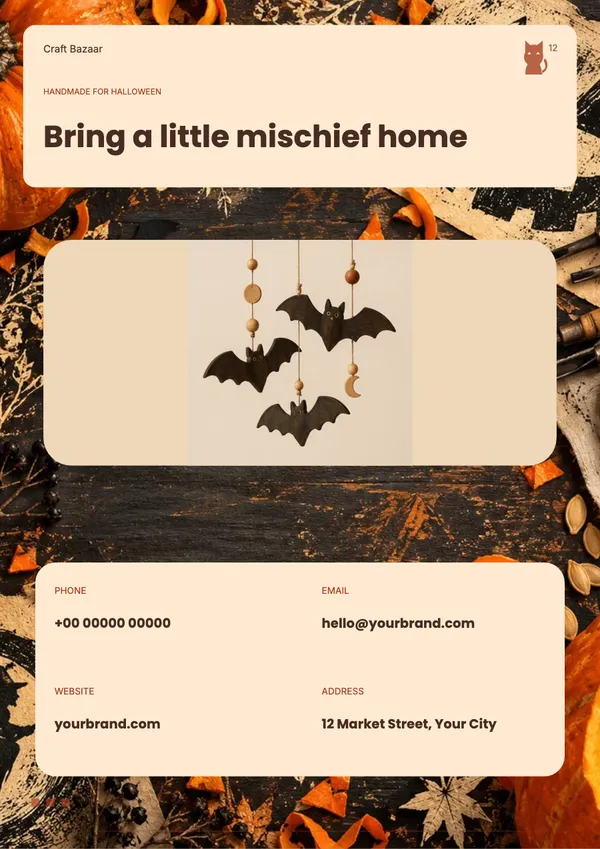 Page 12 of the Pumpkin Atelier handicrafts & gifts catalogue template: back page