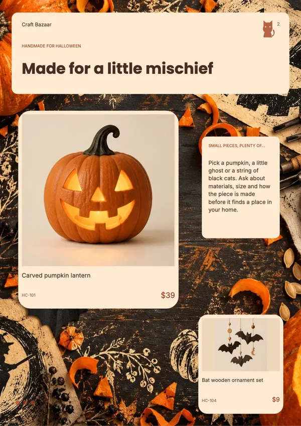 Page 2 of the Pumpkin Atelier handicrafts & gifts catalogue template: introduction