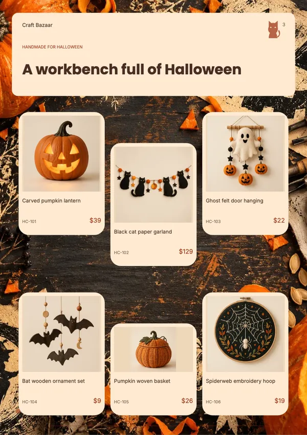 Page 3 of the Pumpkin Atelier handicrafts & gifts catalogue template: pumpkin atelier collection display