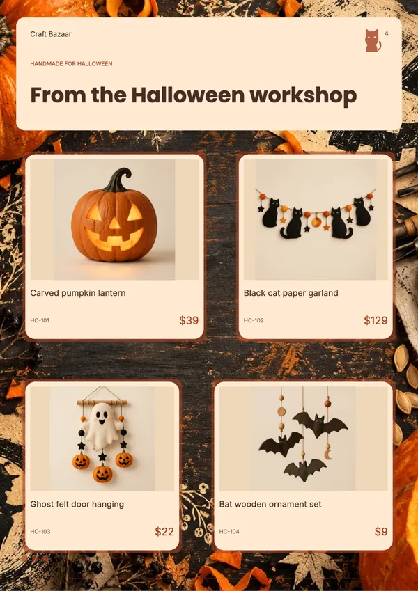 Page 4 of the Pumpkin Atelier handicrafts & gifts catalogue template: four products